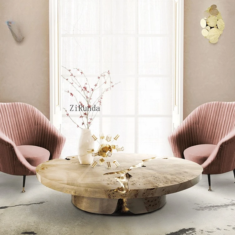 Copper modern large round wooden designer luxury center coffee table