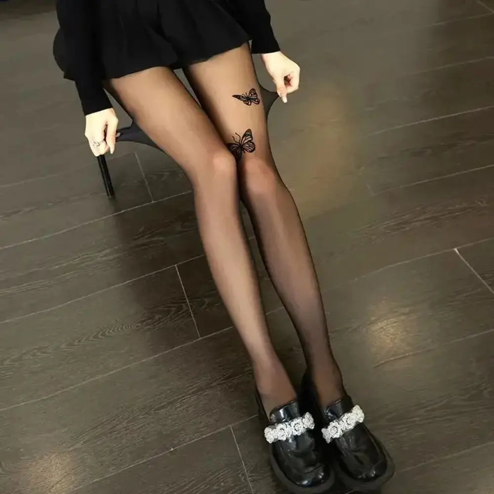 

Korean Summer Butterfly Silk Black Tights Transparent Leggings Stockings Sexy Girl Retro Pantyhose