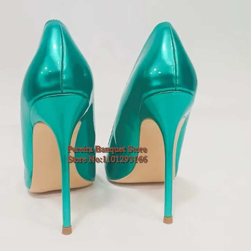 الأخضر لامع الجلود كعب مضخات الأحذية أشار تو الانزلاق على 12 سنتيمتر 10 سنتيمتر 8 سنتيمتر الضحلة فستان أحذية حجم 45 #4