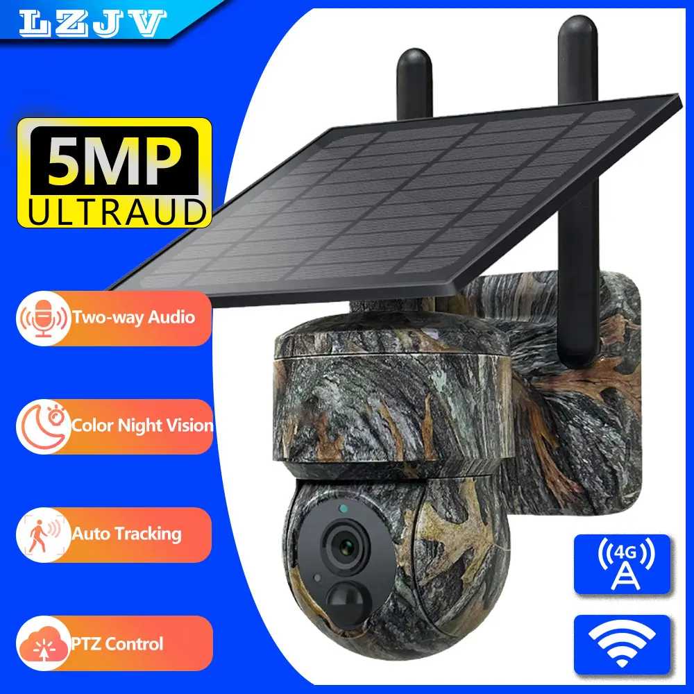 

LZJV 5MP 3K WIFI 4G SIM Trail Camera Solar Panel Security Camera Solar Hunting Wildlife Camera Night Vision Surveillance Camera