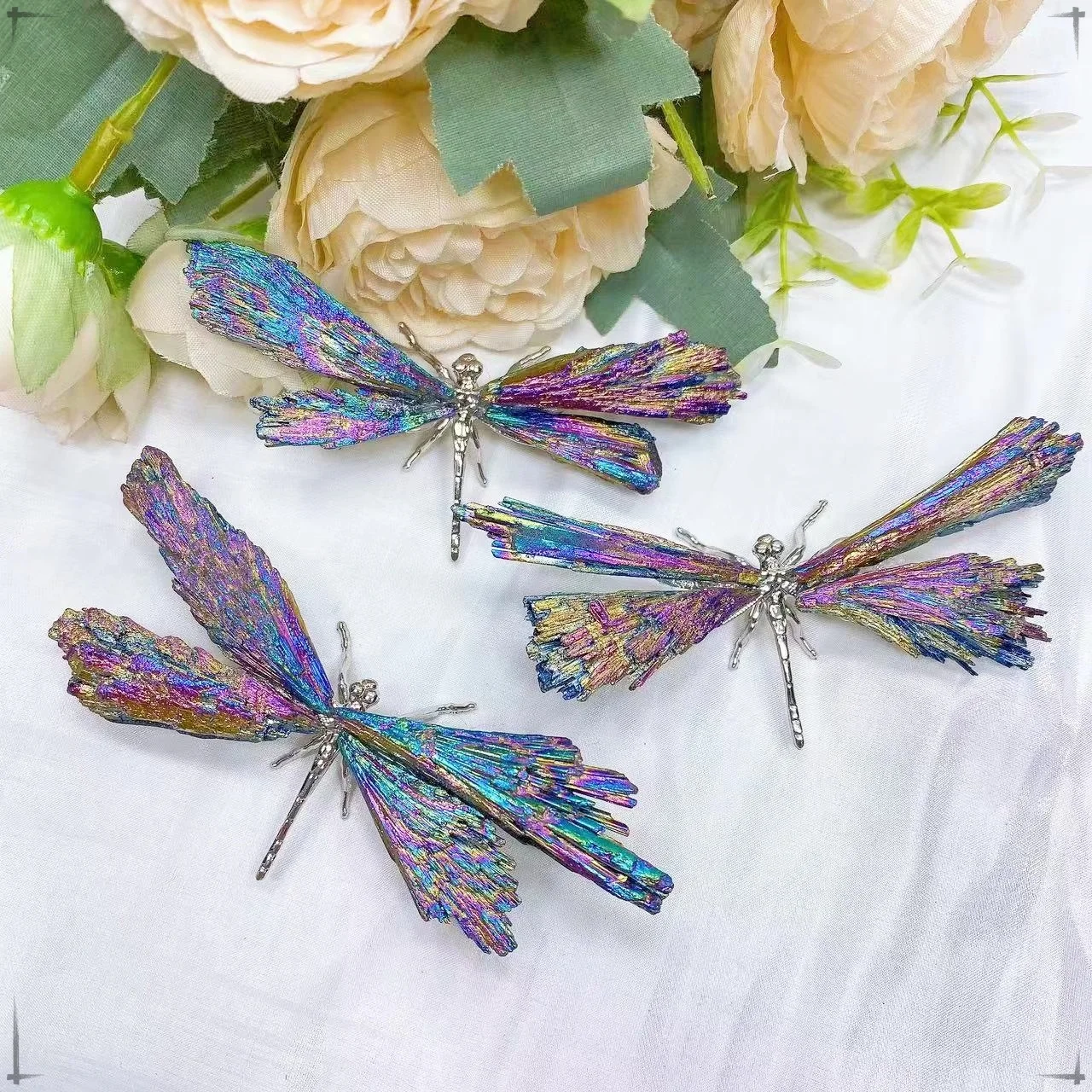 Natural Colorful Tourmaline Electroplanted Crystal Butterfly Dragonfly Spar Crafts Reiki Healing Home Desktop Decoration Gift