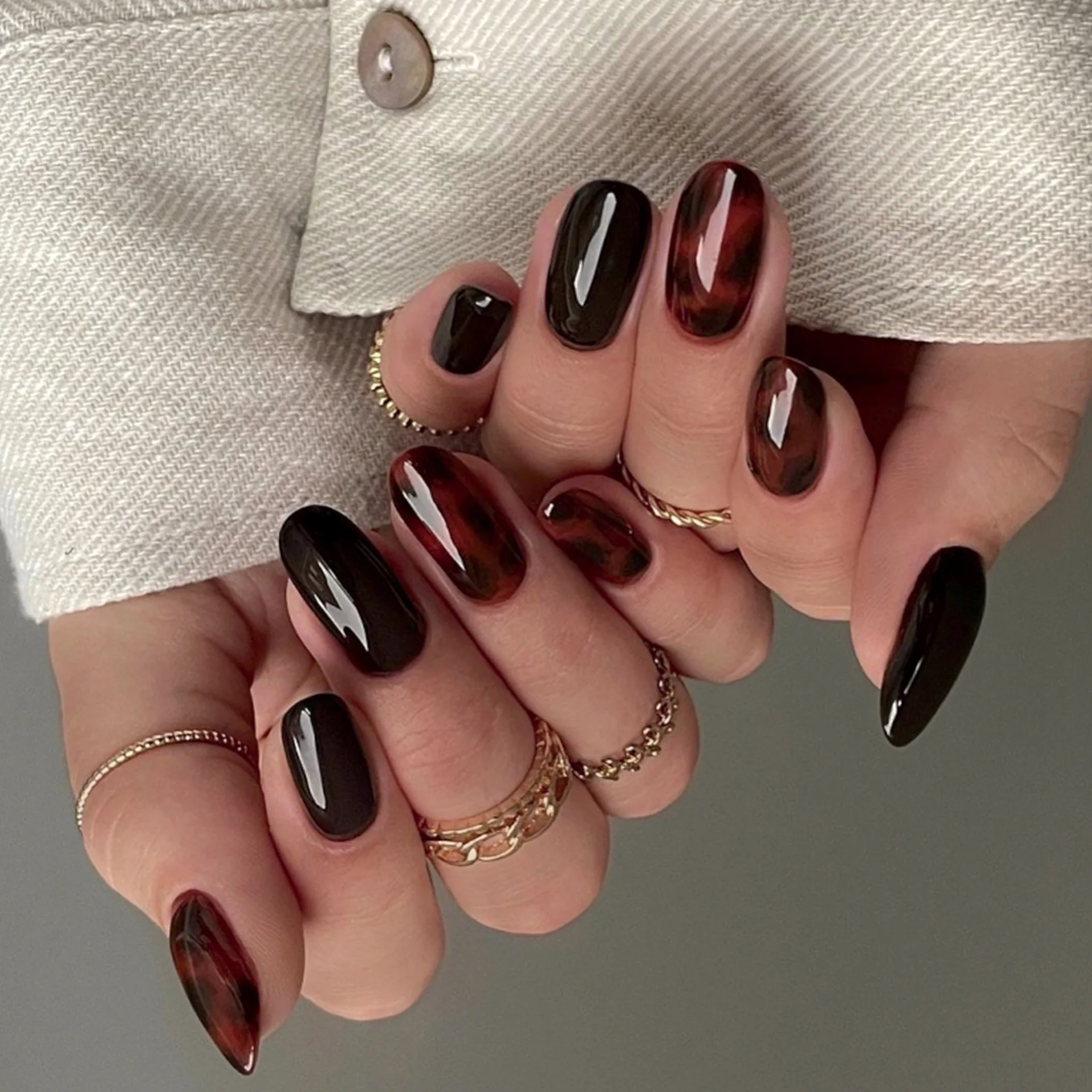 

24PCS Leopard Print Exquisite Oval Press on Nails Brown Smudged Autumu Winter High End Manicure False Nails Sweet Cool Sytle Set