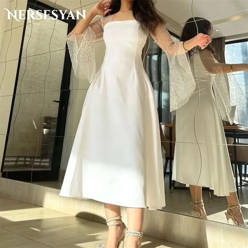 

Nersesyan Elegant Satin Evening Dresses Tulle Long Sleeves Formal Party Gown A Line Ankle-Length Draped 2023 Vestidos De Fiesta