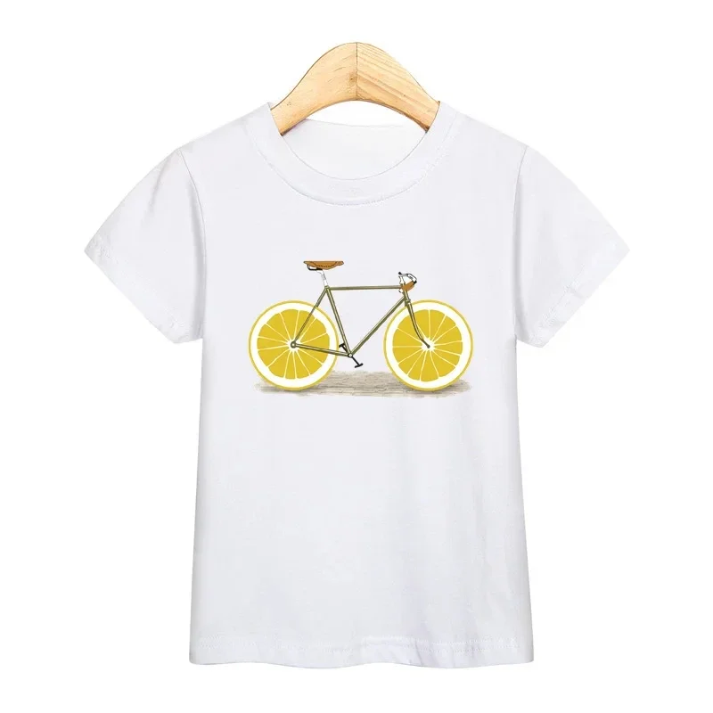 Children 2026 New Summer T-shirt Fruit Bicycle Funny Shirt Boys Girls Cartoon Tops Short Sleeve Tees