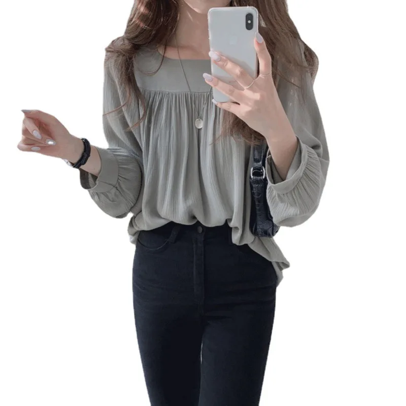 

2022 Spring New Long Sleeve Loose Shirt Women Tops Square Collar Blouses Clothes Women Chiffon Shirt Apricot Blouse Ladies Tops