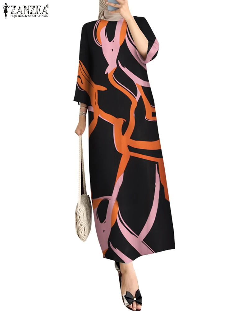 Spring Summer Maxi Sundress Muslim Abaya ZANZEA Women O Neck 3/4 Sleeve Maxi Dress Casual Kaftan Bohemain Printed Vestidos 2024