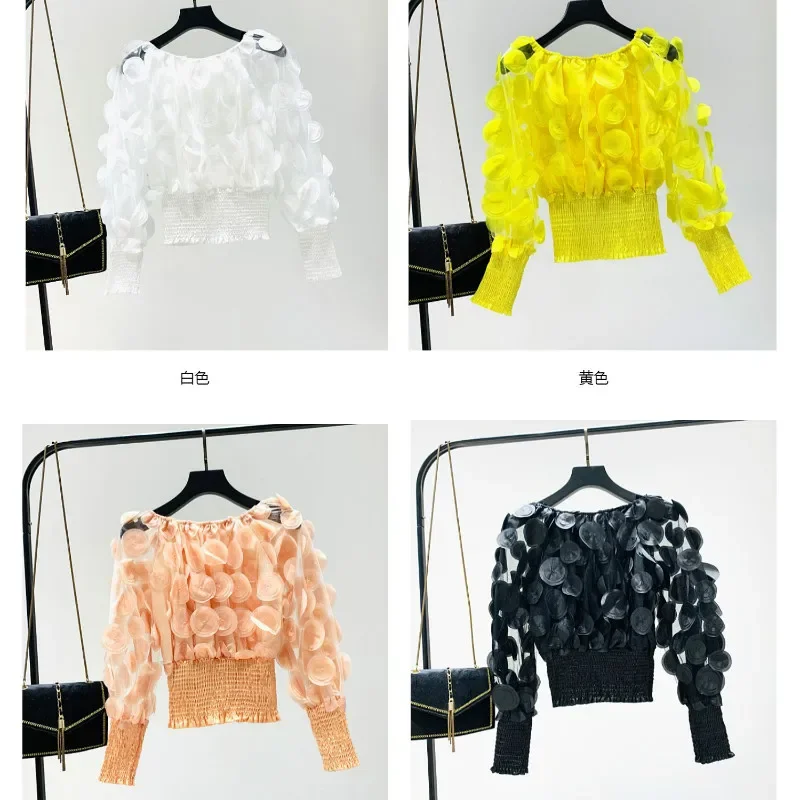 Women Perspective Mesh Spliced Chiffon Shirts Slash Neck Gauze Blouses 3D Flowers Crop Tops Slim Lantern Sleeve Blusas Mujer