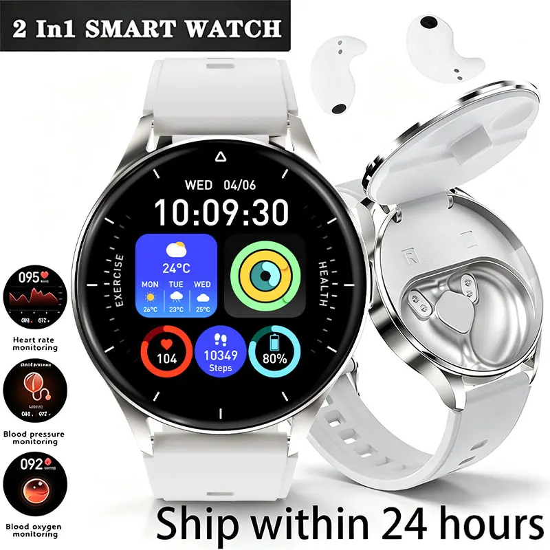 Men 2‑in‑1 Smart Watch With Detachable TWS Earbuds 1.45" HD Round Screen Bluetooth Call IP67 Waterproof Fitness Smart Bracelet