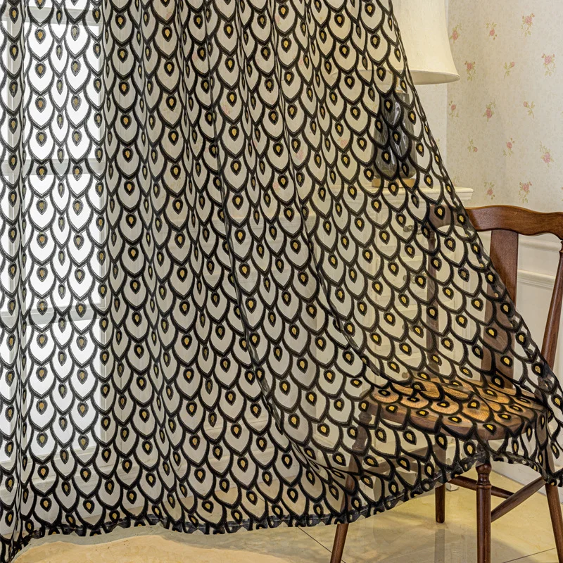 Gold Thread Jacquard American-style Drapes, Black Finished Window Curtains, Transparent Curtains for Living Room and Bedroom