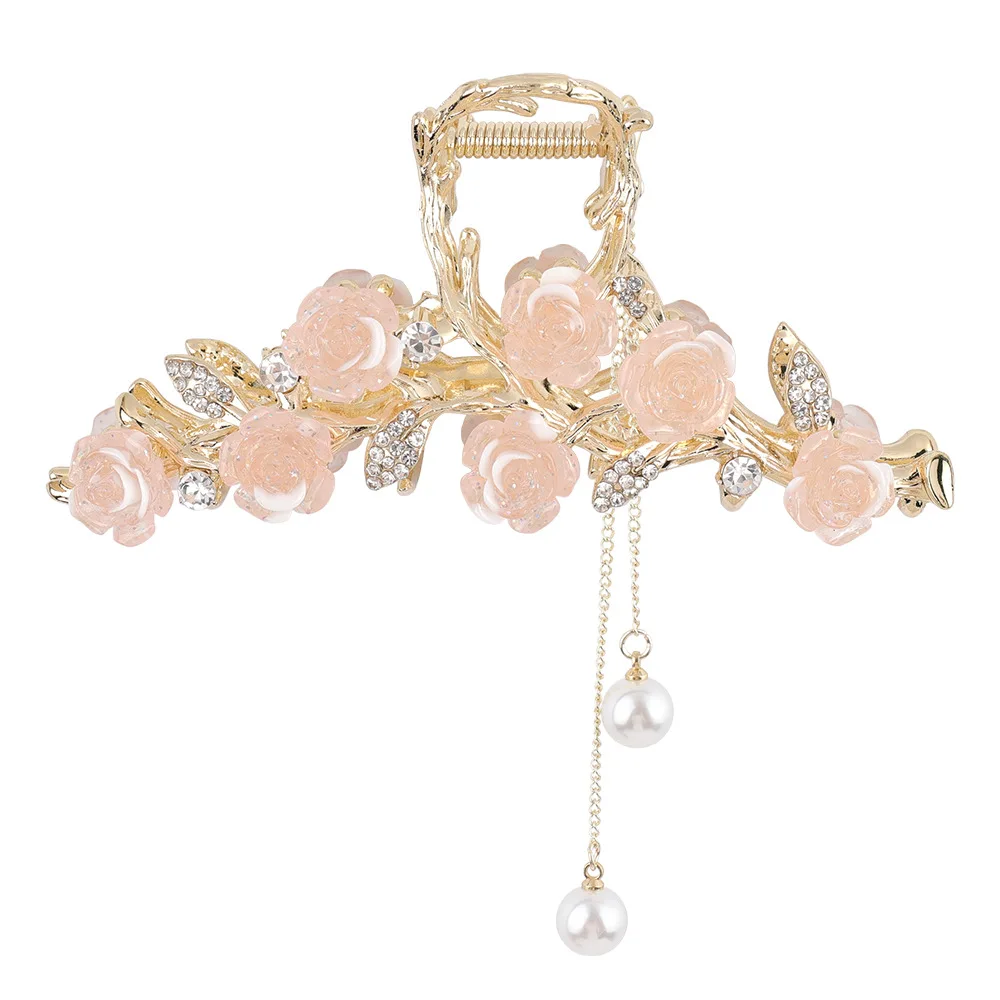 Vintage Pink Rose Flower Large Hair Claw Clips For Women Rhinestone Pearl Tassel Non Slip Strong Hold Jaw Clip For Back Hair Bun