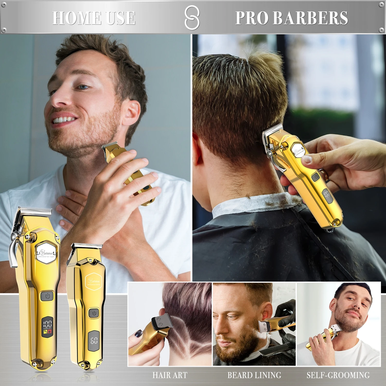 HATTEKER Professional Hair Clippers for Men, Cordless Metal Barber Clippers and Trimmers Set, Clippers for Hair Cutting Kit