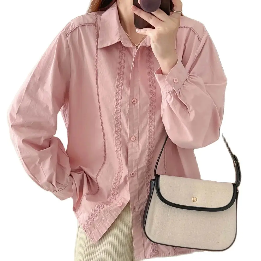 New Spring Cotton OL Shirt Women Lapel Neck Long Sleeve Solid Tops Girl Retro Literature Commute Blouse 2024 Autumn T45451QM