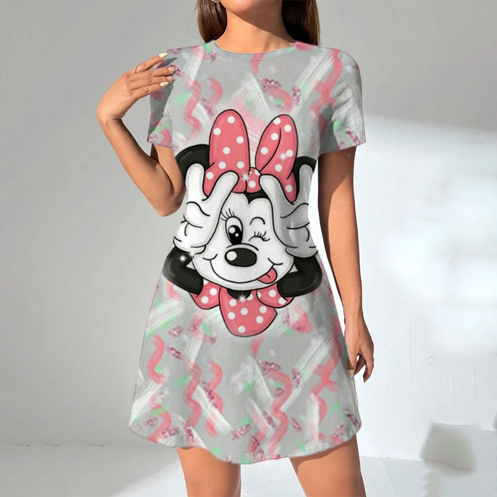 ผู้หญิงฤดูร้อนสบายๆ Disney Mickey Mouse พิมพ์หลวมคอกลมขนาดใหญ่แขนสั้นเสื้อยืดชุด