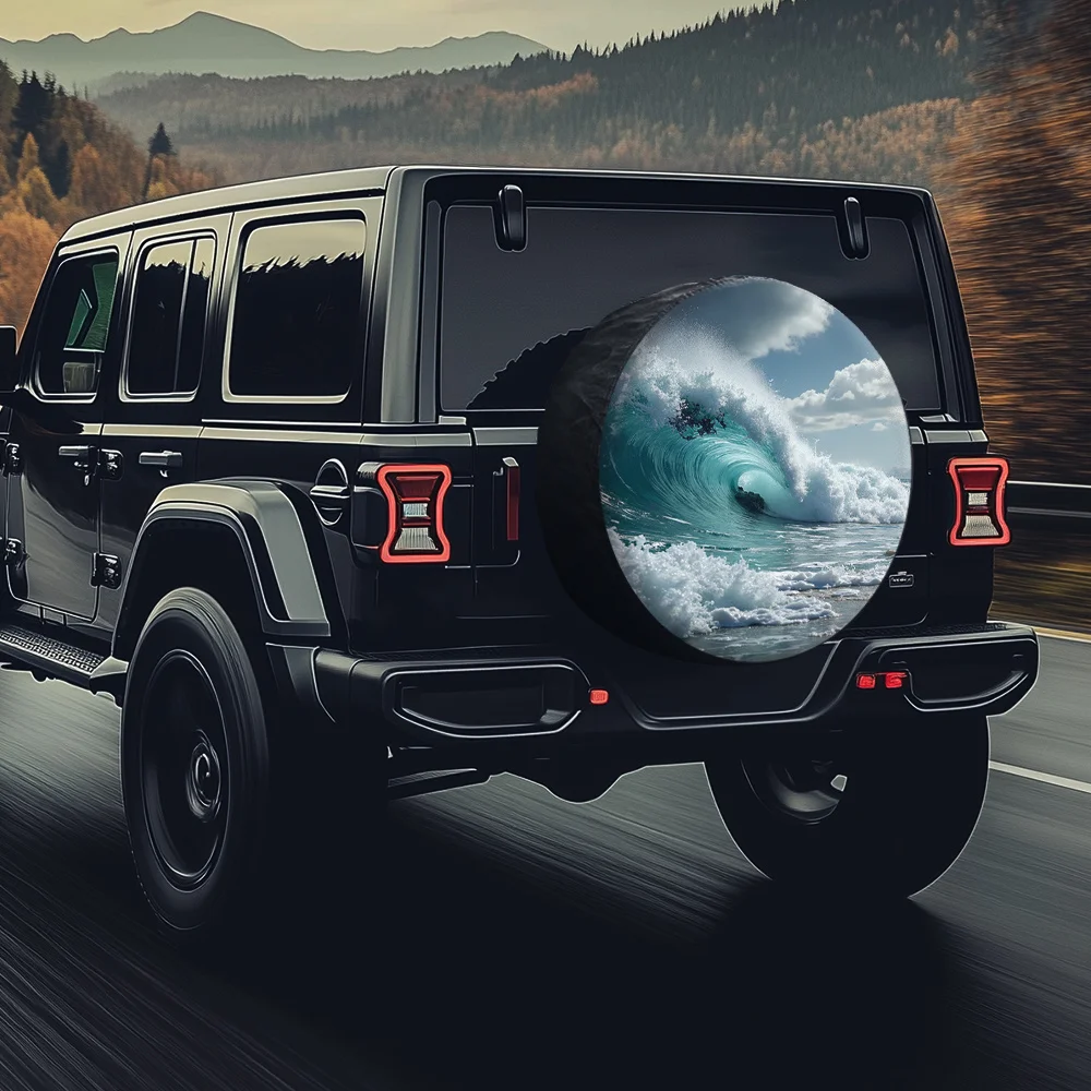 Realistic Ocean Wave Tire Cover Polyester Spare Wheel Protector For SUV Truck Outdoor Travel