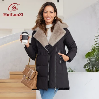 HaiLuoZi 2023 nuova giacca da donna corta calda con cappuccio con pelliccia femminile capispalla invernale tasche inclinate moda donna cappotto 1123