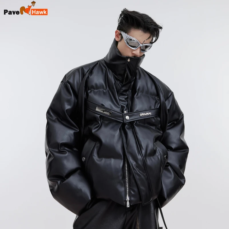 Short Punk PU Leather Cotton Jacket Mens Winter Trendy High Street Thicken Parkas Stand Collar Fluffy Warm Bread Coats Male