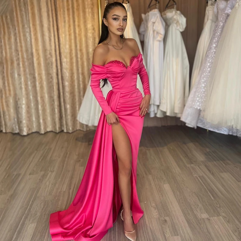 

Thinyfull Formal Prom Dresses Mermaid Pearls Side Slit Evening Dress Off The Shoulder Long Sleeve Cocktail Party Gowns Plus Size