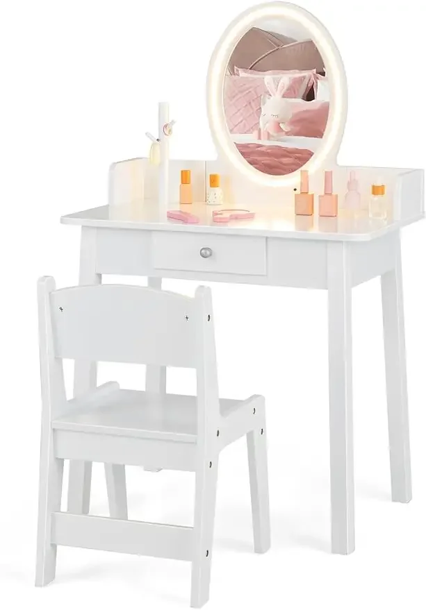 Kids Vanity, Girls Vanity Set with Mirror and Stool and Lights, Drawer, Jewelry Rack, 2 in 1 Wooden Princess Makeup Desk