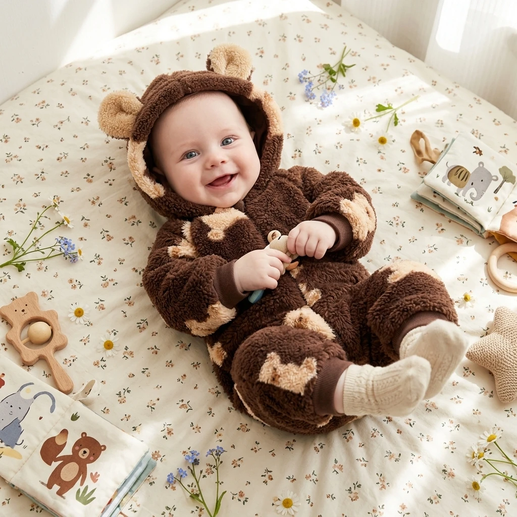 Sanlutoz Baby-Strampler mit Reißverschluss, Modische Winterkleidung, Warme Kapuzen-Jumpsuits mit Tiermotiven, Verdickt – Detail 1