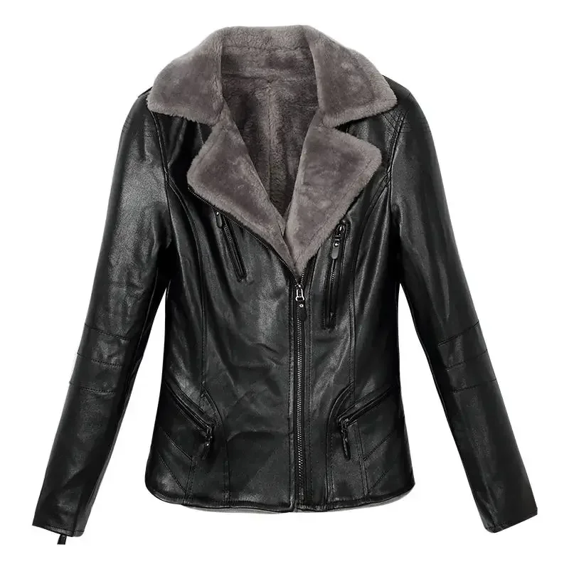 Slim Short Faux Leather Jacket Women Autumn Winter Plus Velvet Streetwear Biker Jacket Warm Black Coat Women C5766