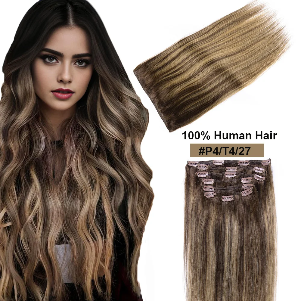 Straight Clip in Hair Extensions Human Hair Invisible Seamless Clip in Human Hair Extensions Virgin Hair 7pcs 120g For Women