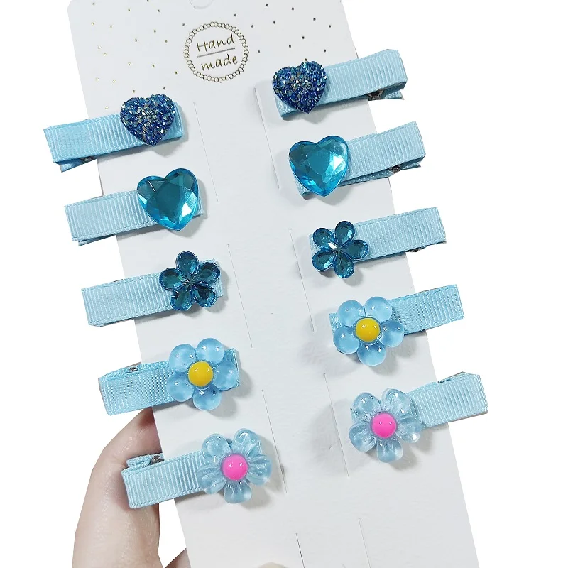 

10 шт./лот, заколки для волос синего цвета с цветком для маленьких девочек, красочные заколки в форме сердца, эксклюзивная заколка для волос, детские заколки, аксессуары для волос