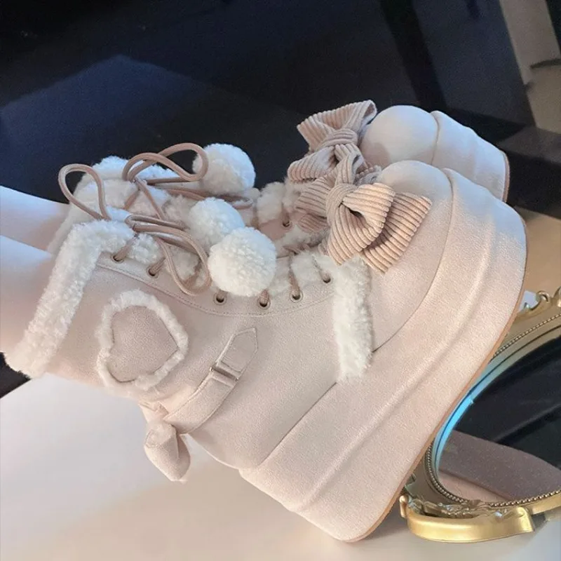 Kawaii Pink Fleece Lined Platform Ankle Boots Womens Fluffy Pom Pom Bow Heart Decor Warm Winter Lolita Sweet Girl Short Booties