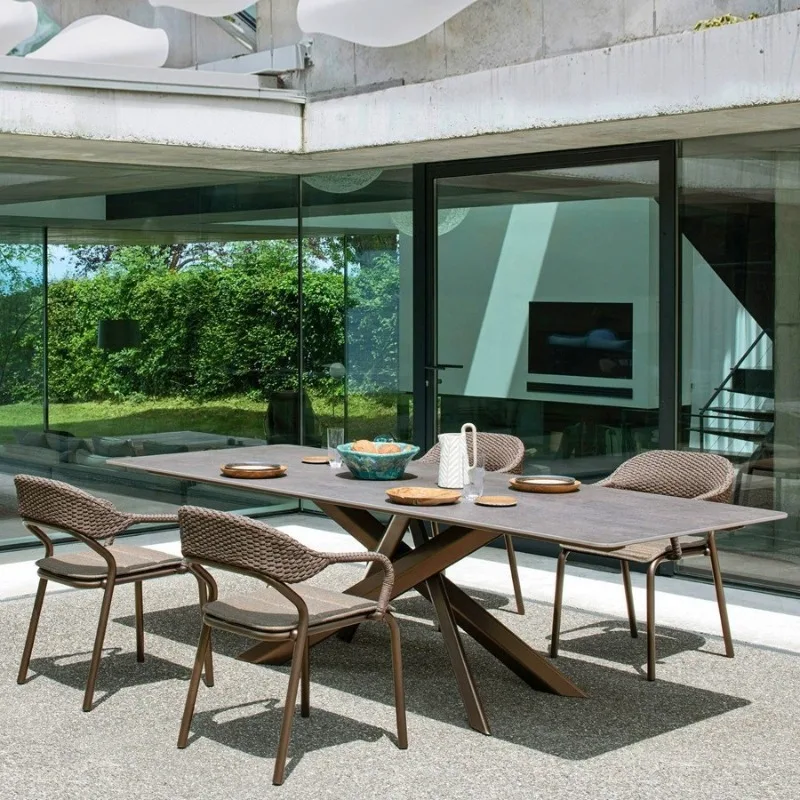 Nordic outdoor dining table rattan chair light luxury rock slab balcony creative courtyard simple leisure villa combination