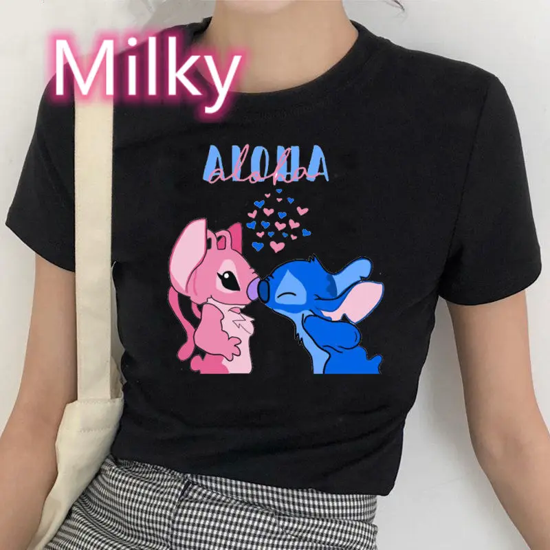 

Lilo Stitch Women T-Shirt Kawaii T Shirt Anime Cut Tee Shirt Ladies Vintage Clothing Black T-Shirt Girl Summer Fashion Y2K Top