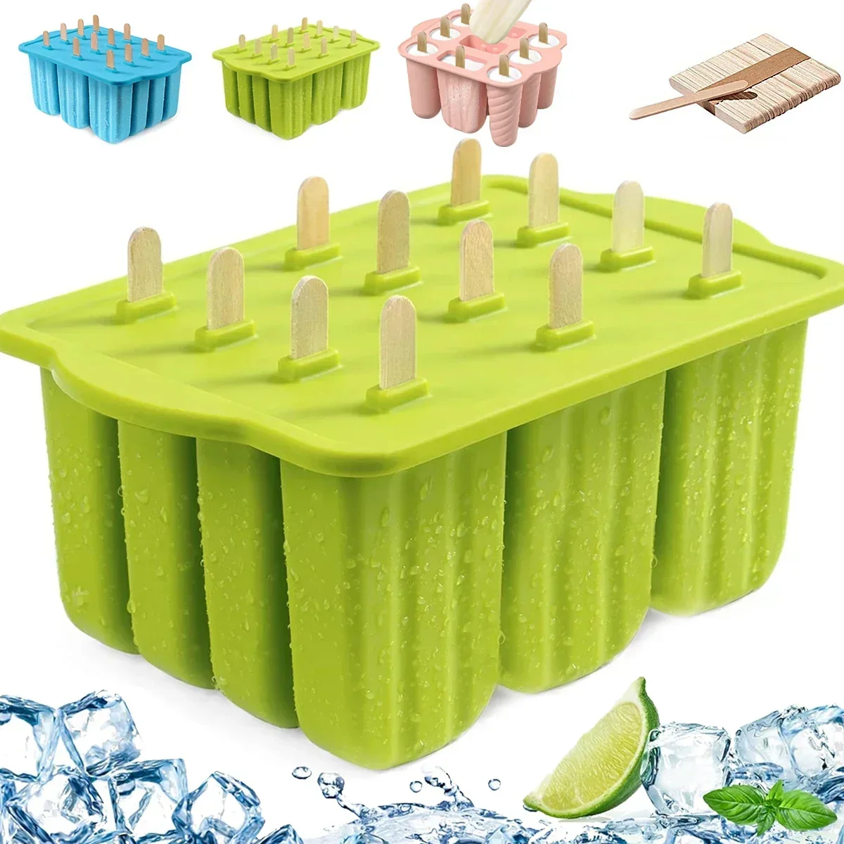 12 Cavity Popsicle Molds Silicone Ice Pop Molds with 50pcs Sticks Popsicle Ice Pop Maker Ice Cream Molds DIY Summer Popsicles