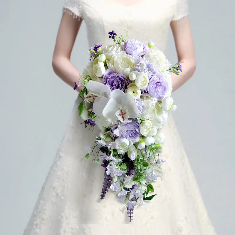 Bouquet de fleurs de mariée violet en cascade, fausses pivoines, accessoires de fête