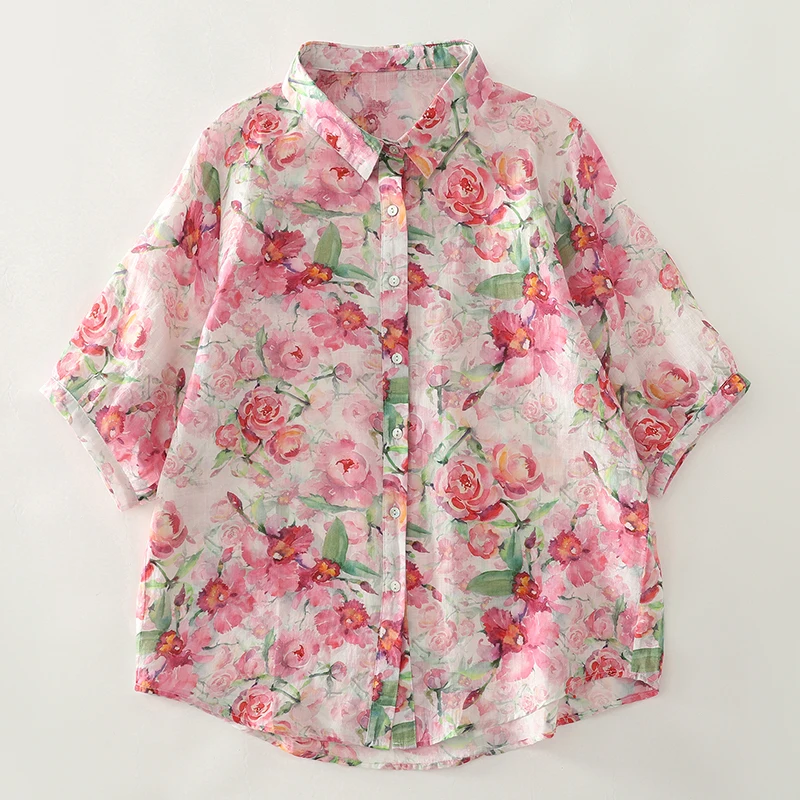 가벼운 플로럴 프린트 루즈핏 반팔 셔츠 여성용 턴다운 칼라 오픈 가디건 탑 패셔너블 캐주얼 블라우스