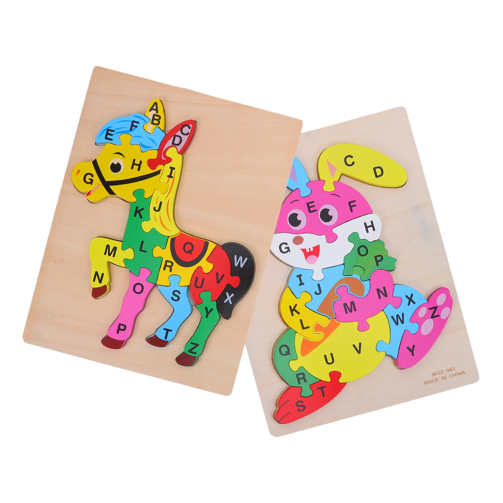 

2Pcs Animal Alphabet Puzzle Wooden Early Education Board Montessori Preschool Matching 26 Letters Horse Rabbit