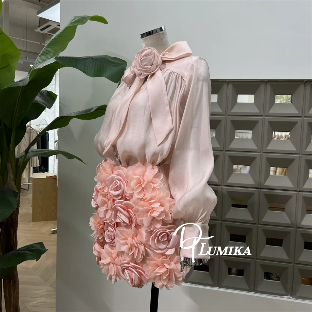 DTLumika - 秋の新作ピンク花柄シャツ＆スカート、シフォン長袖Tシャツとジッパー付きギャザースカート レディースファッションコーデ