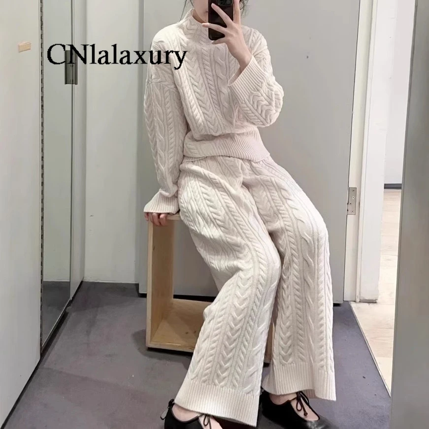 CNlalaxury Casual Solid Color Sweater Set Women Knitted Long Sleeve Pullover Or Trousers Thickened Pants Suit