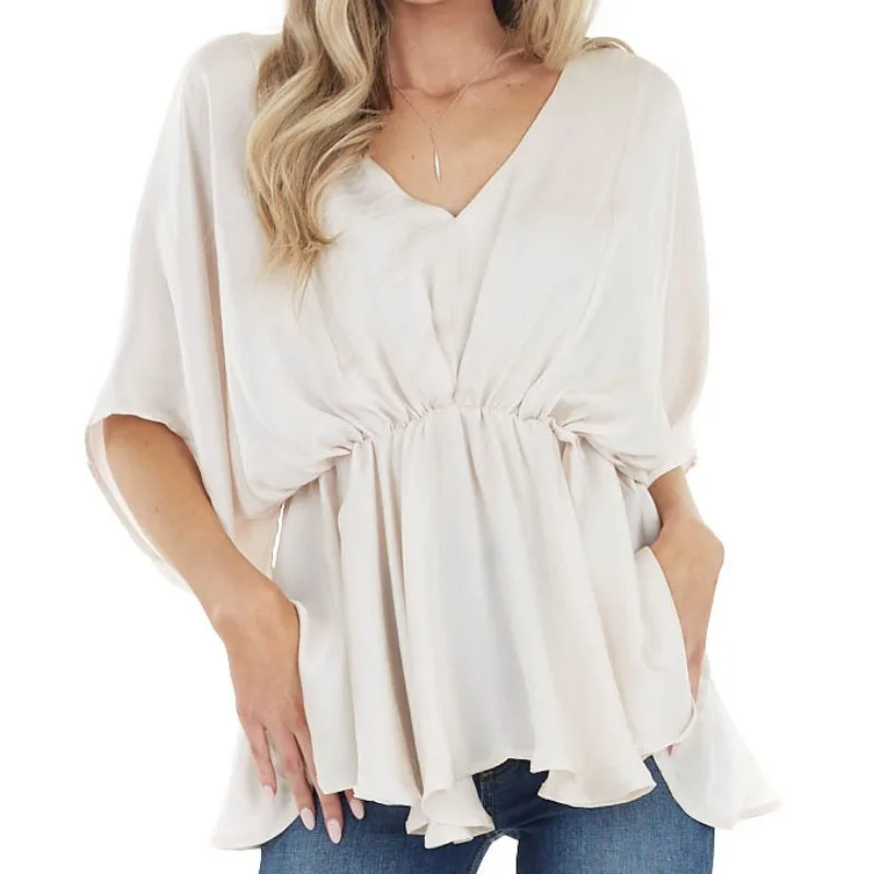 2024 New Summer Women's Casual Solid V-neck Pleated Pullover Shirt Temperament Commuting Women Fashion Loose Bat Sleeve Top