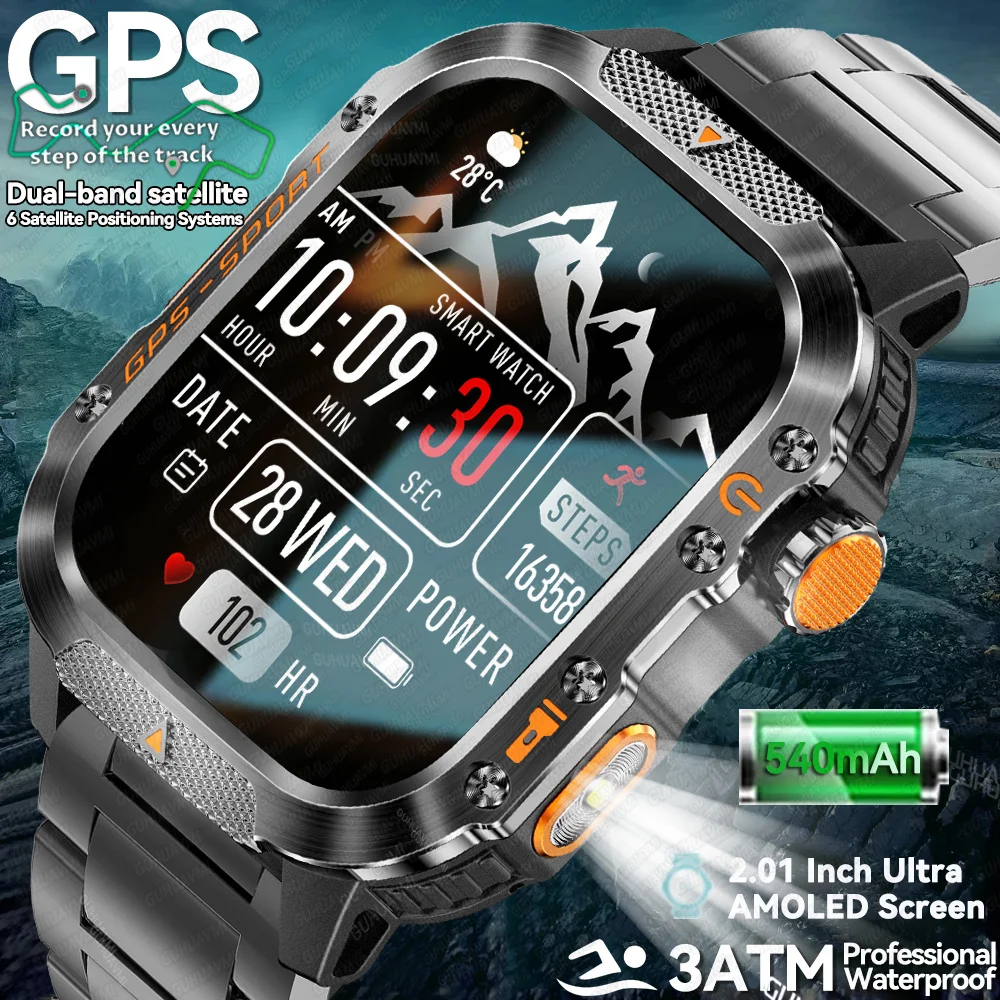 

New 2.01" GPS Sport Tracker Smart Watch Men AMOLED 3ATM Waterproof Bracelet Compass 540mAh Bluetooth Call Smartwatches Women IOS