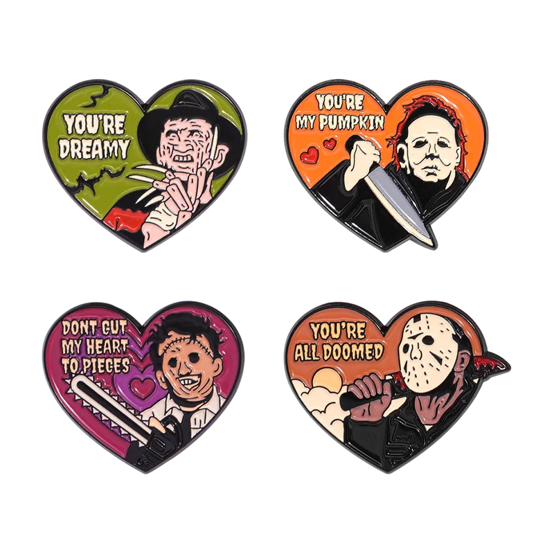 Michael Freddie Jason Enamel Pins Custom Movie Heart Badges Lapel Brooches Halloween Punk Jewelry Accessories Gift For Friends