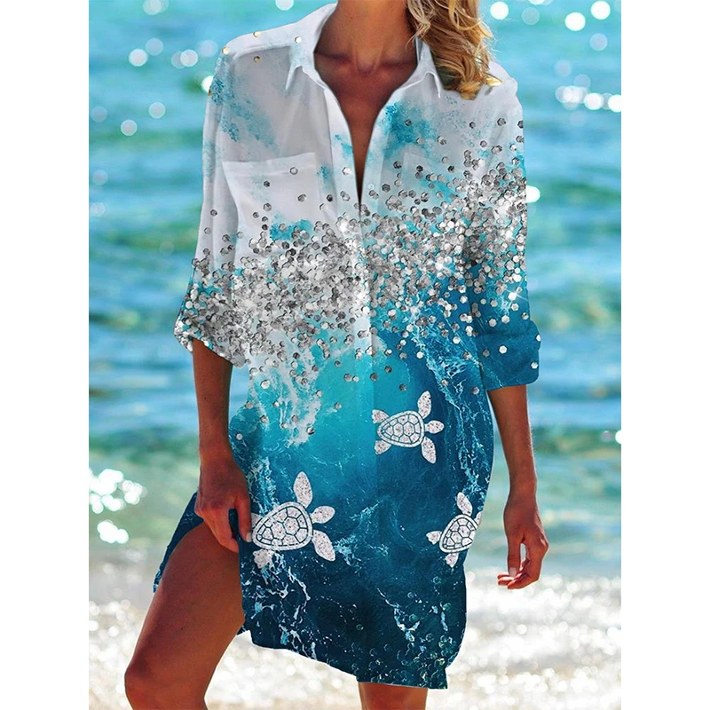 Turtle-pattern 3D printed beach top for summer, women's long-sleeved mid-length shirt, button-up top, blouse, women's clothing