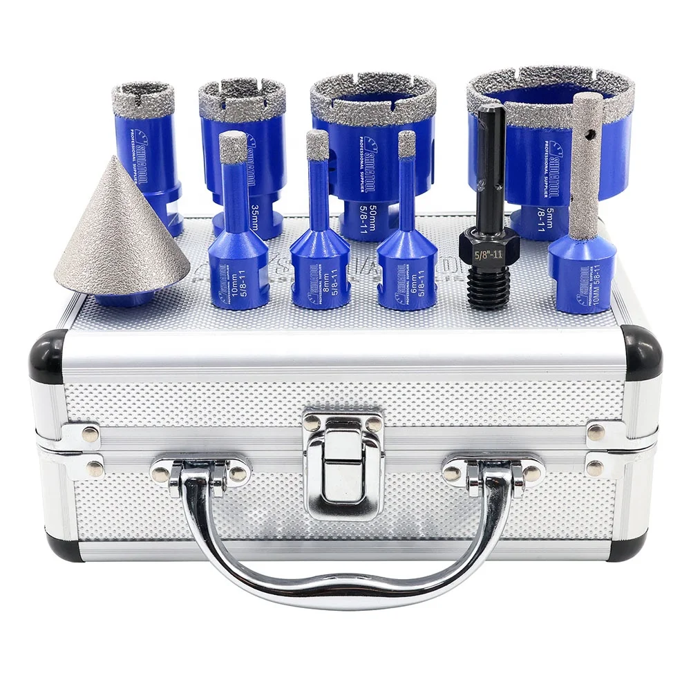 1set/10 Holes 5/8''-11 Diamond Drill Core Bits Set 6/8/10/25/35/50/65mm & 10mm Finger Milling Bit & 2'' Beveling Chamfer Bit