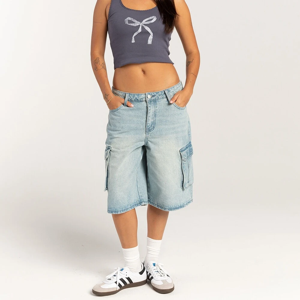 

2026 Jeans Cargo Pants Women Vintage Straight Denim Mid Waist Multiple Pockets Washed Distressed Knee Length Trousers Streetwear