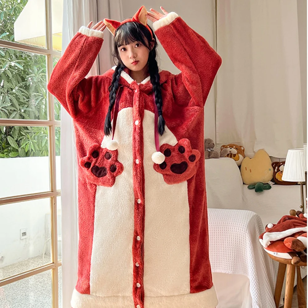 Cartoon Animal Hooded Pajamas Dress Kawaii Women Coral Fleece Dressing Gown Night-Robe Soft Long Sleeve Homewear Warm Sleepshirt