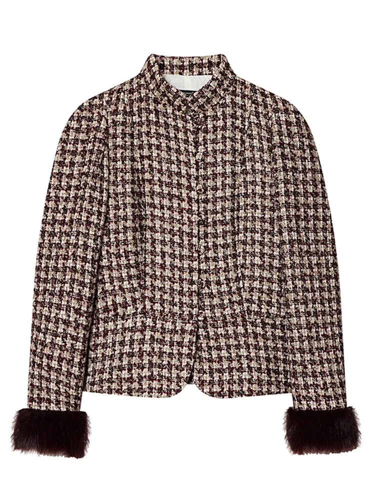 

2026 Spring Women Stand Collar Tweed Jacket Elegant Long Sleeve Faux Fur Cuffs Coat Fashion New Single Breasted Outerwear Street