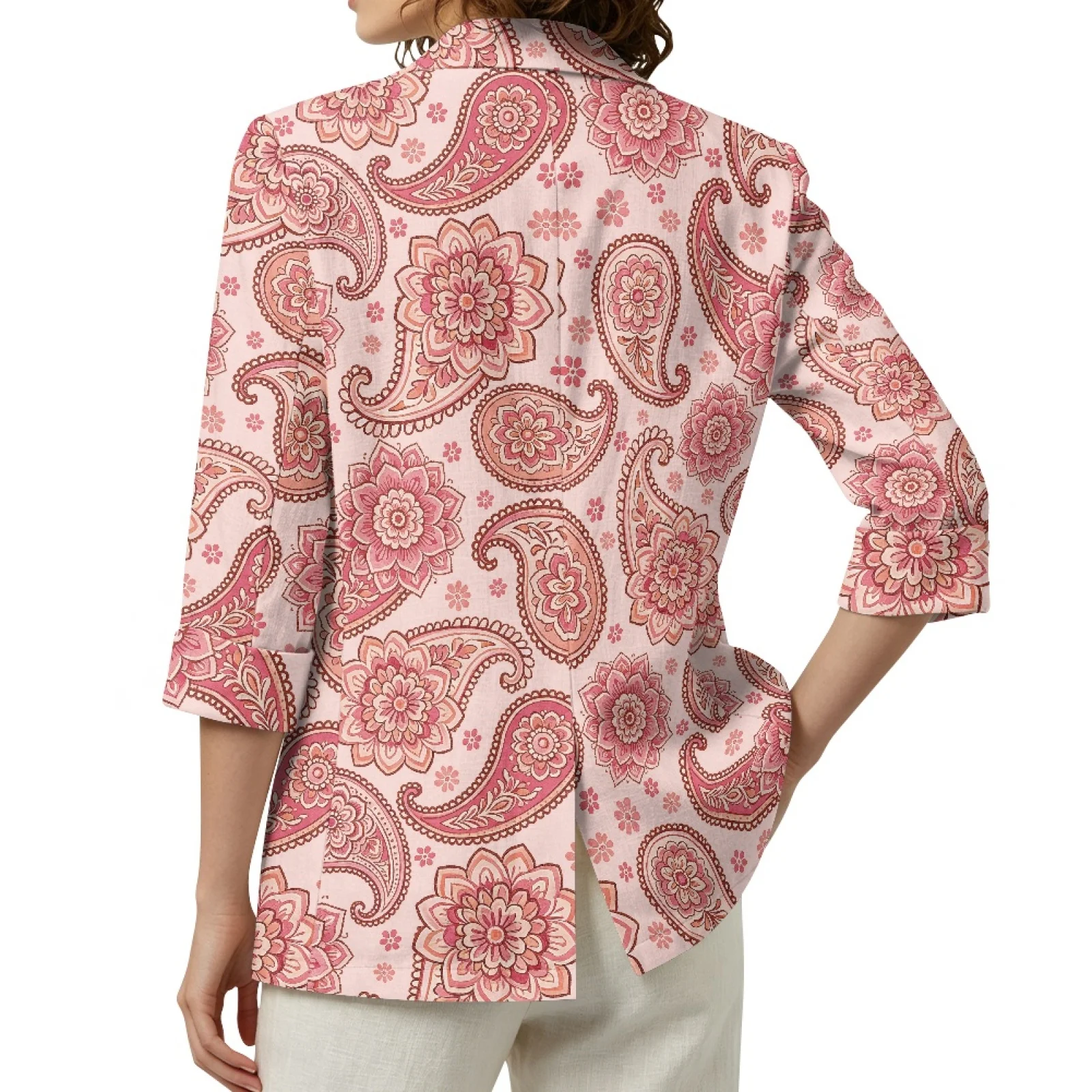PENSTROLL Pink Floral 3/4 Sleeve Open-Front Top for Beach Linen Style Work Cardians S-3XL