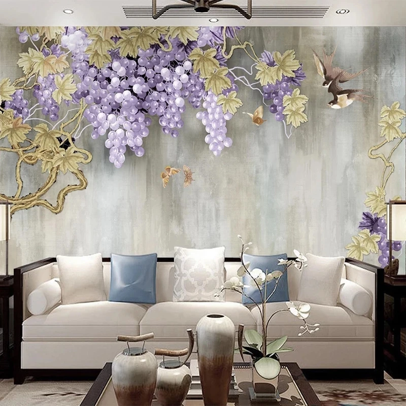 Customized 3D Wallpaper Modern Hand Painted Grape Vine Flower Birds Photo Mural Living room TV background bedroom restaurant 8d