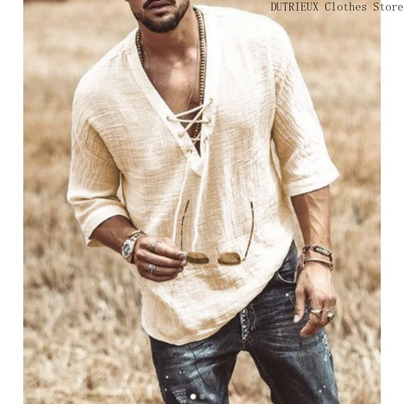 Men's V-neck Lace-up Mid-sleeve Shirt Large Size Cotton and Linen Breathable T-shirt Spring and Summer Casual Outdoor Clothing image 6