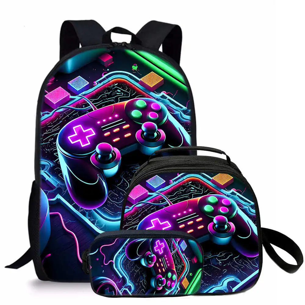 Trendy Popolare Novità game pad 3D Stampato 3 pezzi / set Borse da scuola per studenti Zaino per notebook da viaggio Borsa da pranzo a tracolla Astuccio