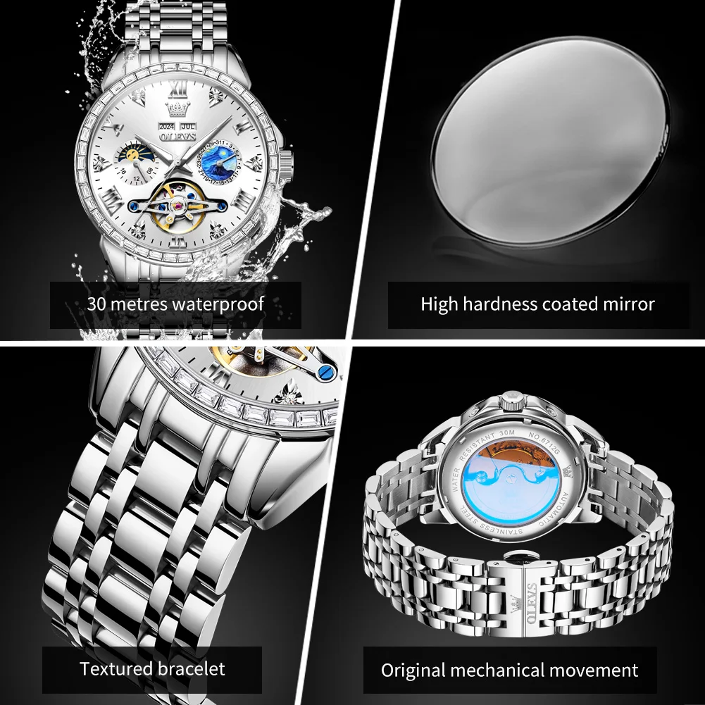 OLEVS 6712 Automatic Man Watch Luxury Skeleton Flywheel Dual Calendar Moon Phase Waterproof Diamond Bezel Mechanical Watches Men
