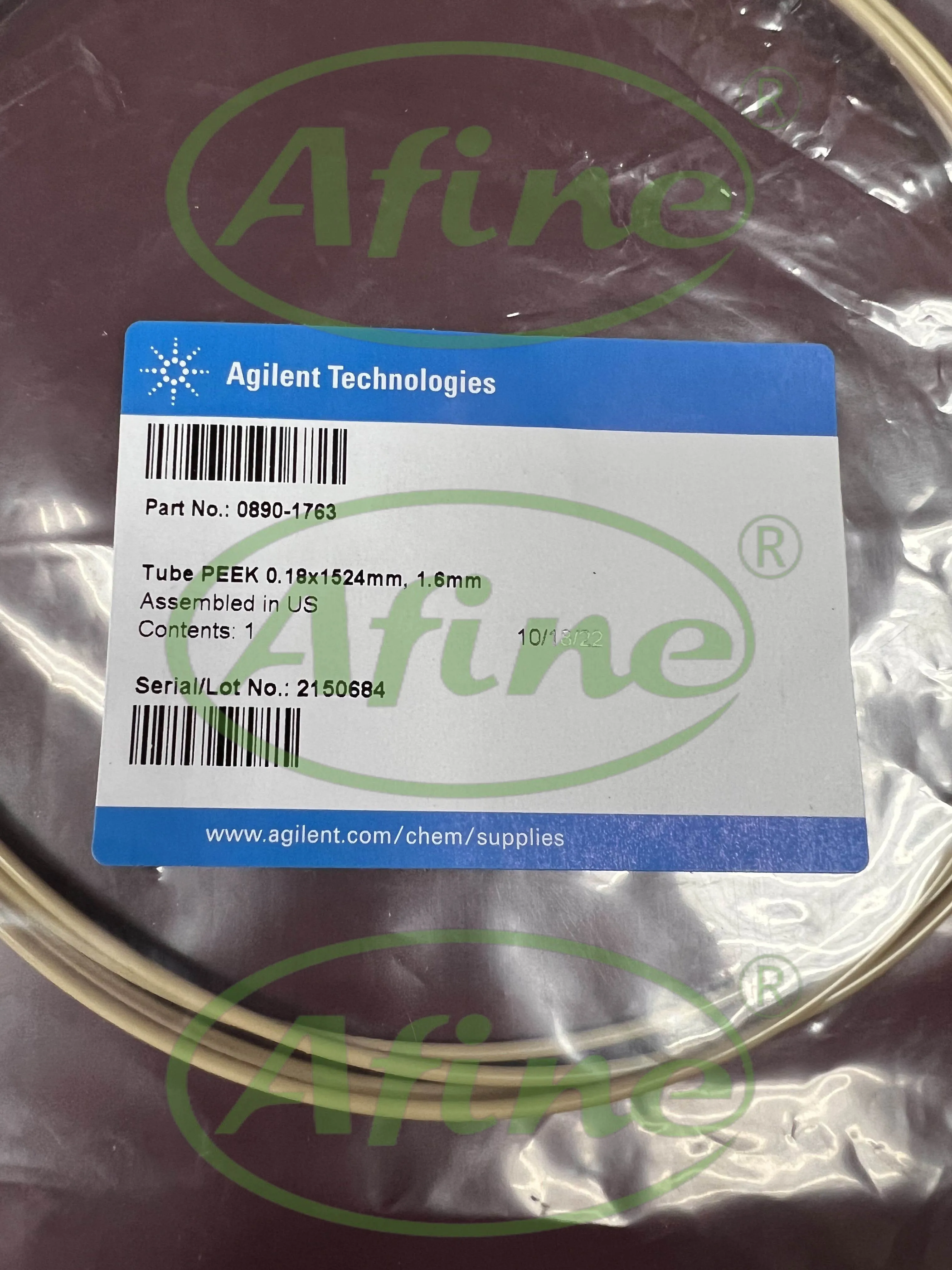 AFINE Agilent 0890-1763 Kit de biocompatibilidad de tubos PEEK, verde, 1,6 mm de diámetro exterior, 0,18 mm ID, 1,5 m