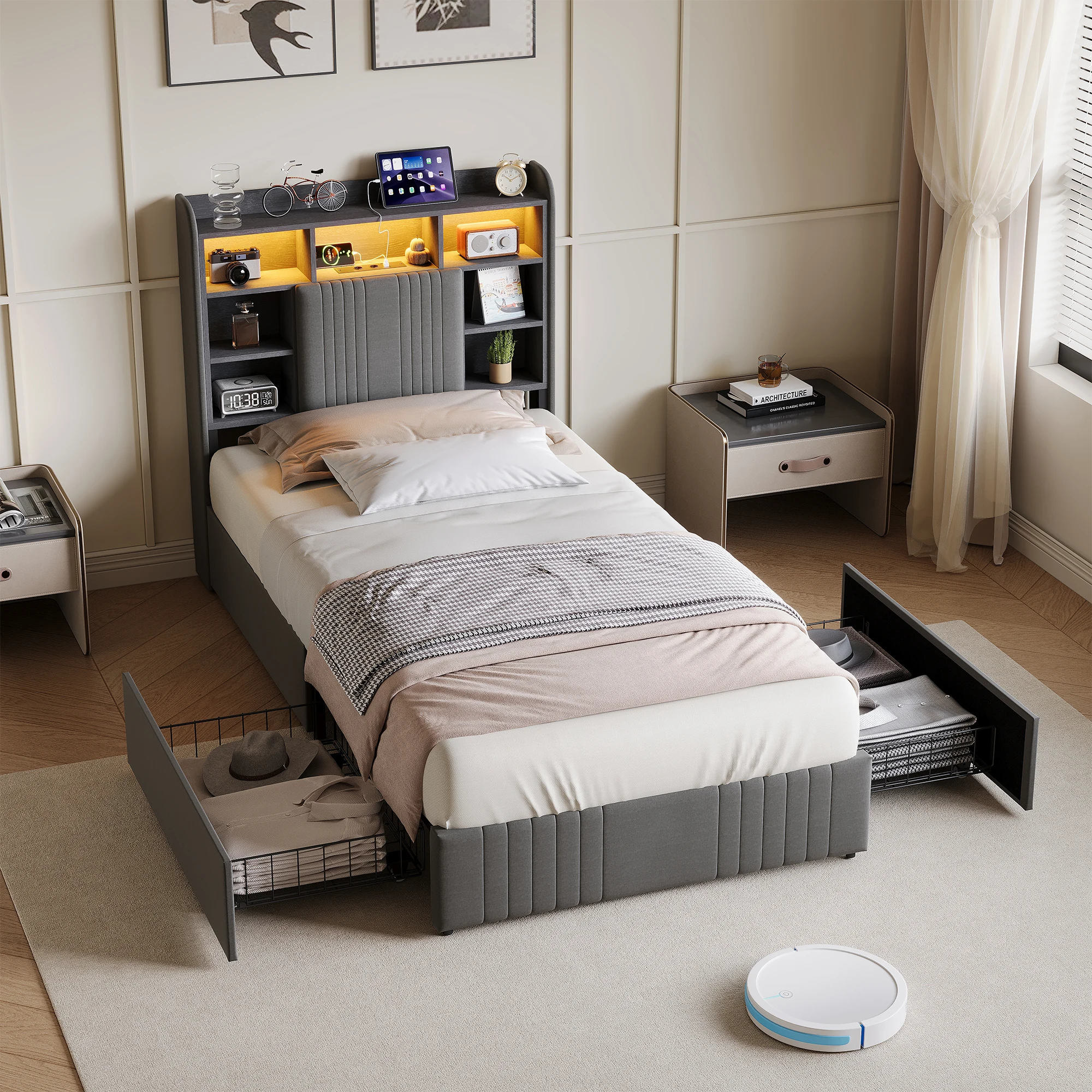 Comanlai 90x200cm/140x200cm gestoffeerd tweepersoonsbed met 4 laden & LED-verlichting & USB-oplaadpoort, bedframe met opberghoofdbord - afbeelding 1